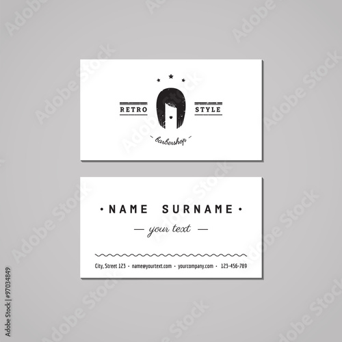 Barbershop business card design concept. Barbershop logo with long hair woman. Vintage, hipster and retro style. Black and white. Hair salon business card.