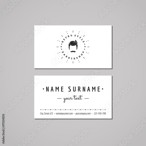 Barbershop business card design concept. Barbershop logo with a mustached man. Vintage, hipster and retro style. Black and white. Hair salon business card.