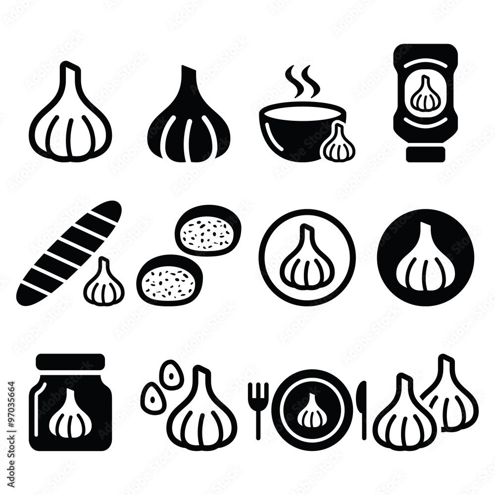 Garlic, food icons set - garlic sauce, soup and bread vector designs 