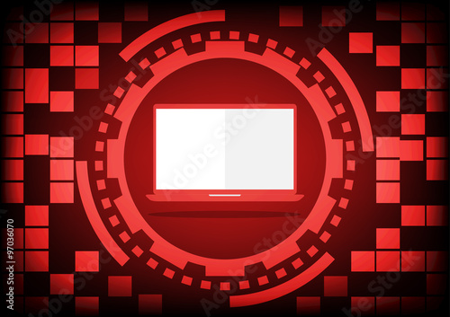 Computer laptop inside the red circle of ring and gears in technology background. Vector illustration design communication concept. photo