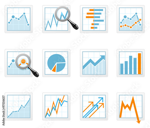 Statistics and analytics data icons with diagrams