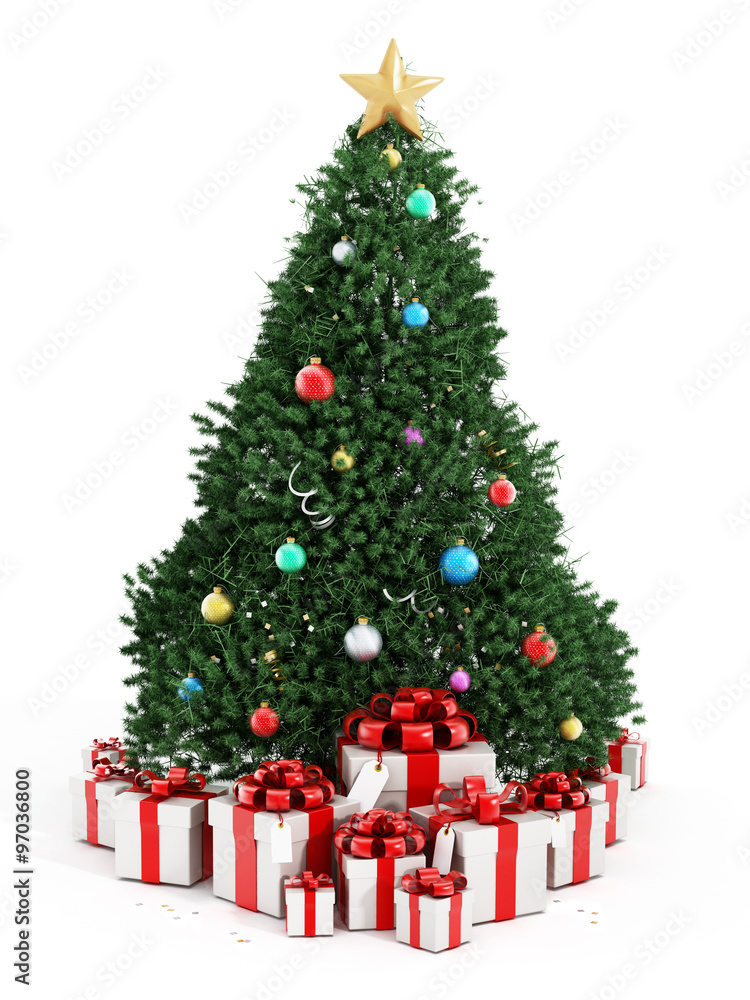 Christmas tree and giftboxes isolated on white background