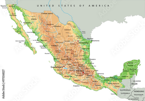 High detailed Mexico physical map with labeling.