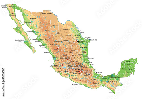 High detailed Mexico physical map with labeling.