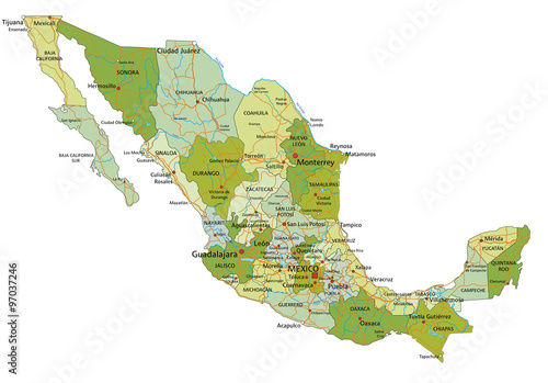 Highly detailed editable political map with separated layers. Mexico.