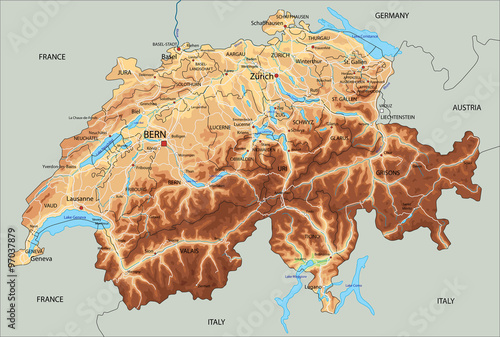 High detailed Switzerland physical map with labeling.