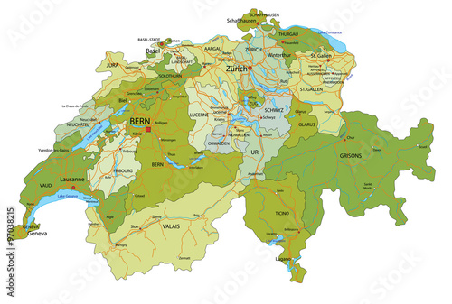 Highly detailed, editable political map with separated layers. Switzerland.
