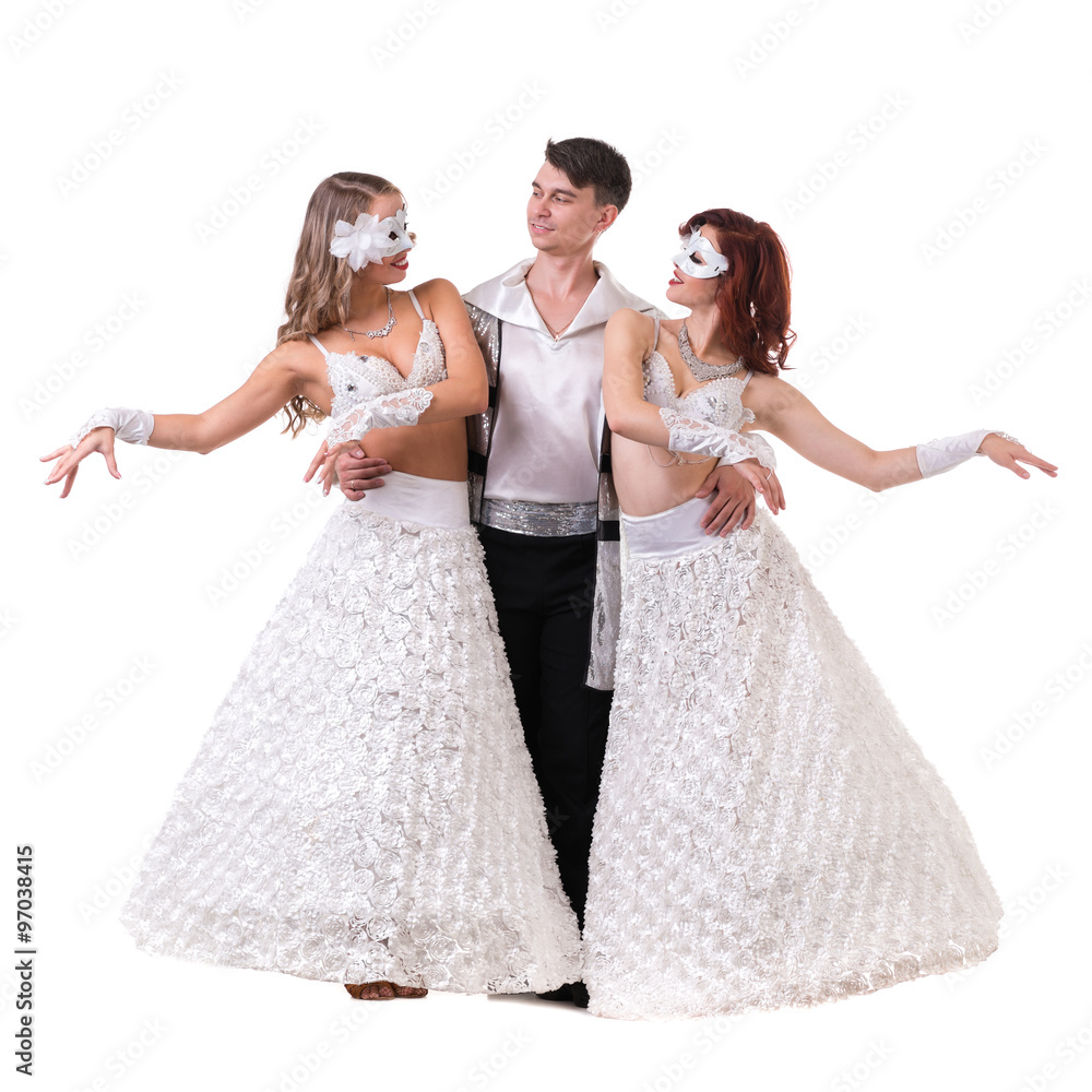 Three carnival dancers wearing a mask dancing, isolated on white Three carnival dancers wearing a mask dancing, isolated on white