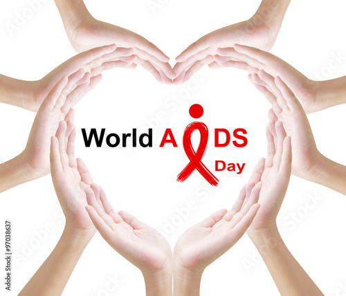 Hand heart shape and text world aids day on white background