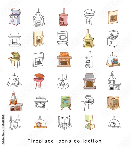  fireplace doodle set, vector illustration