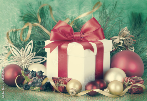 Christmas Presents and Ornaments on retpo Background photo