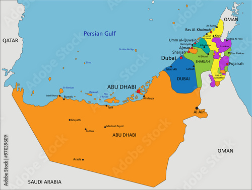 Colorful United Arab Emirates political map with clearly labeled, separated layers. Vector illustration.