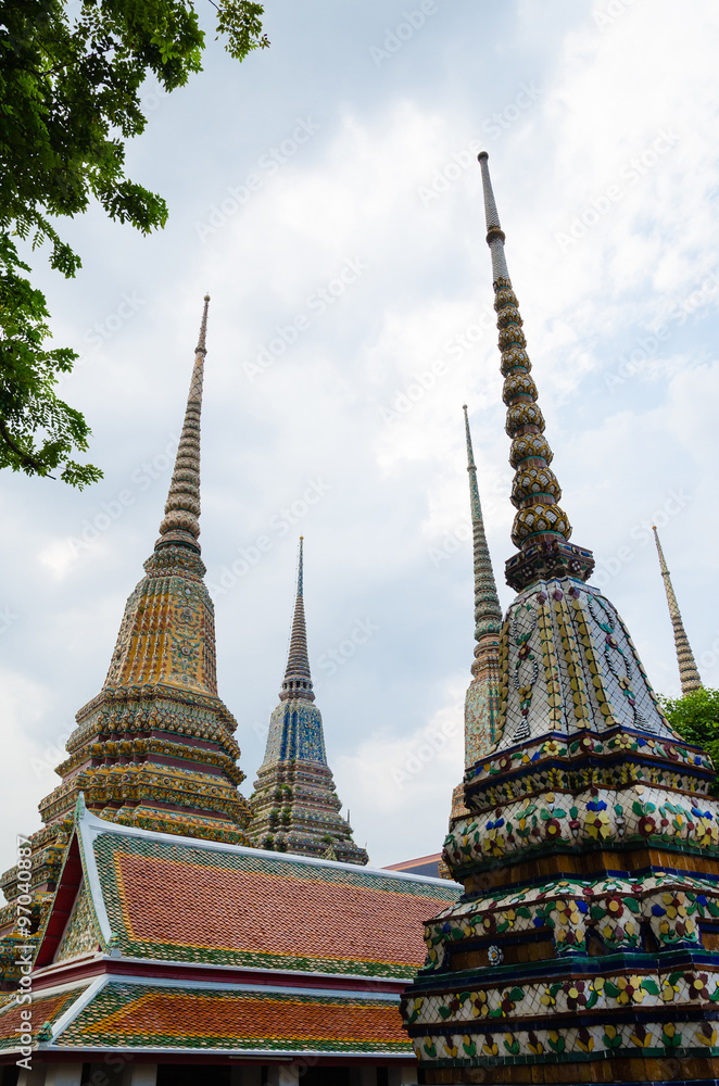 Group of Ornamental Stupa Landmark of Wat Pho Temple of Bangkok, Thailand.