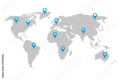 World map in grey on a white background with markers