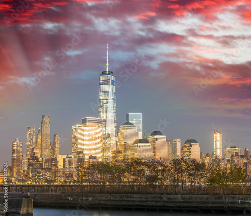 Stunning Lower Manhattan night skyline from Jersey City