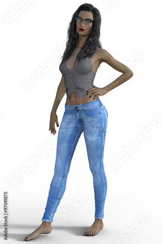 3D rendering of young woman in blue jeans.