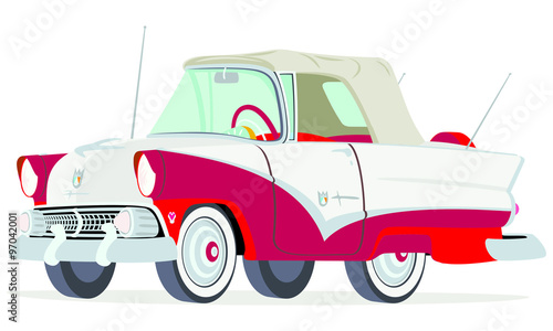 Caricatura Ford Sunliner convertible cerrado blanco y rojo vista frontal y lateral