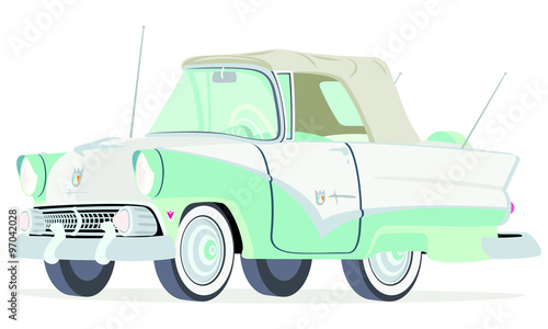 Caricatura Ford Sunliner convertible cerrado blanco y verde vista frontal y lateral