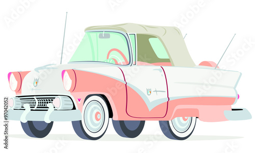 Caricatura Ford Sunliner convertible cerrado blanco y rosado vista frontal y lateral