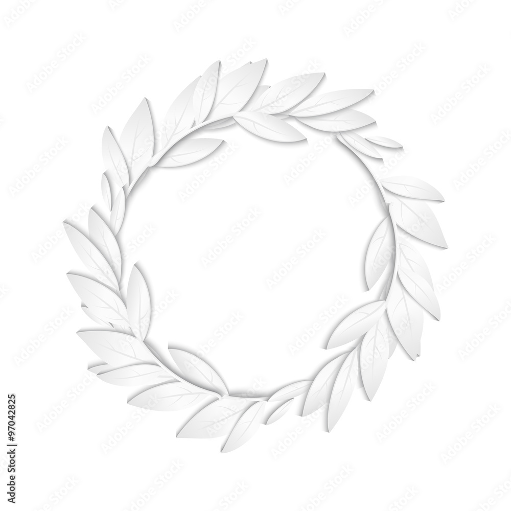Circular frame of white paper branches and leaves on white background. New Year cards background