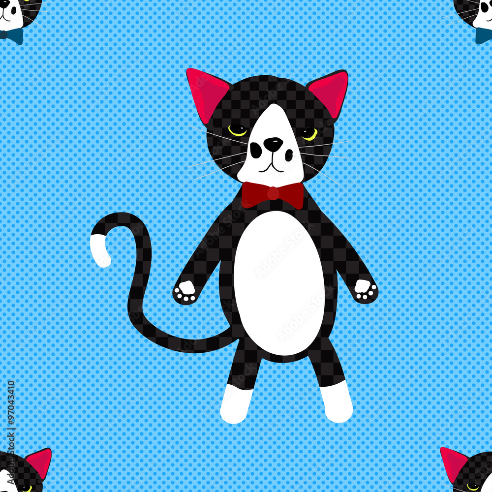 Black Cat with Ribbon on Blue Background. Cute Pattern Black Cat with Ribbon on Blue Background. Cute Pattern