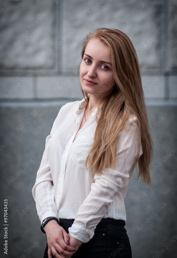 Outdoor lifestyle portrait of pretty young girl in casual style Outdoor lifestyle portrait of pretty young girl in casual style