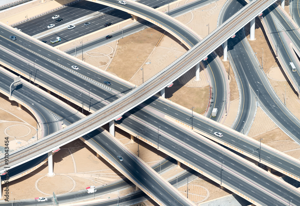 Fototapeta premium Aerial view of highway interchange of modern urban city