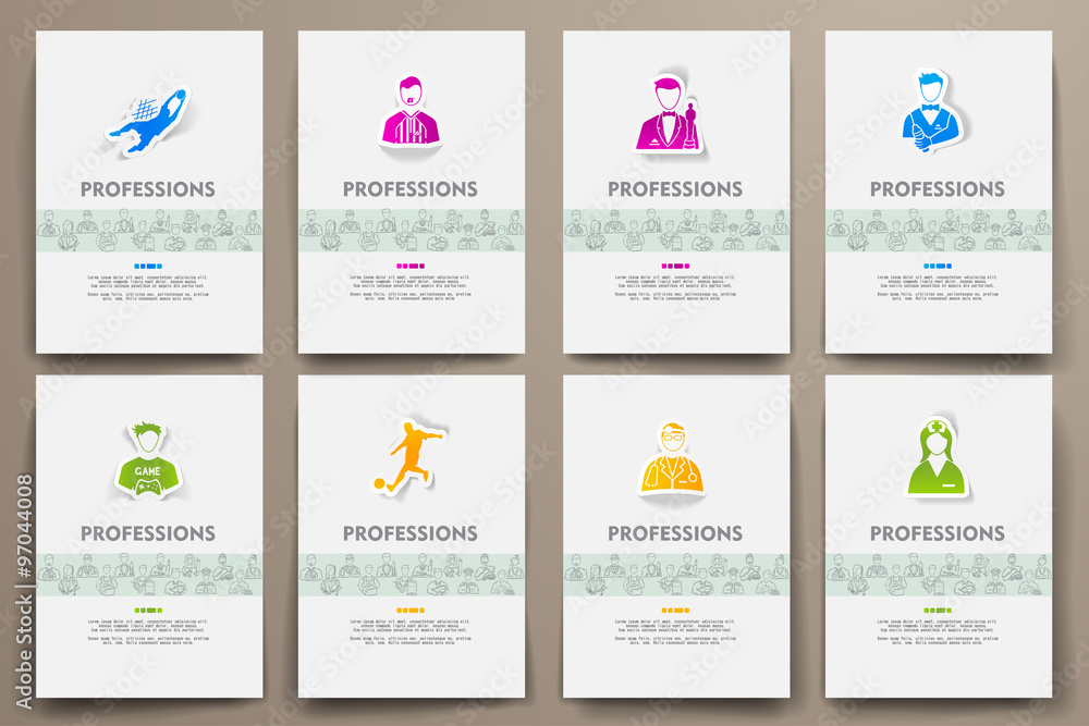 Corporate identity vector templates set with doodles professions theme