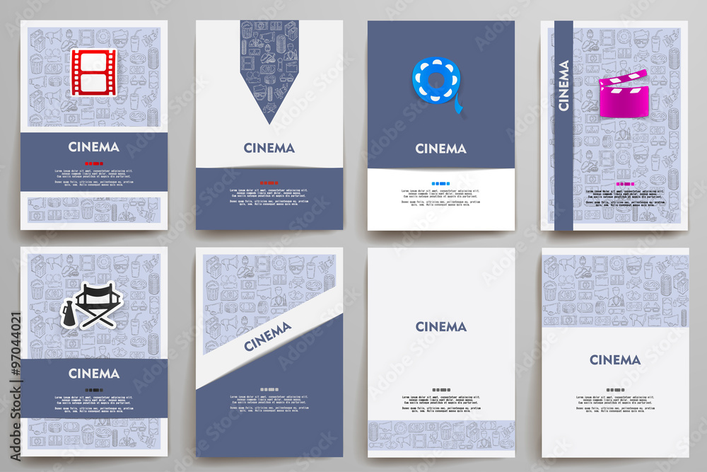 Corporate identity vector templates set with doodles cinema theme