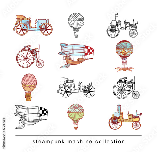 Steampunk machines collection, hand drawn vector illustration.