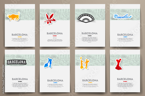 Corporate identity vector templates set with doodles Barcelona theme