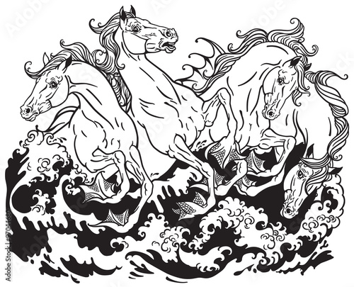 four mythological seahorses black and white photo