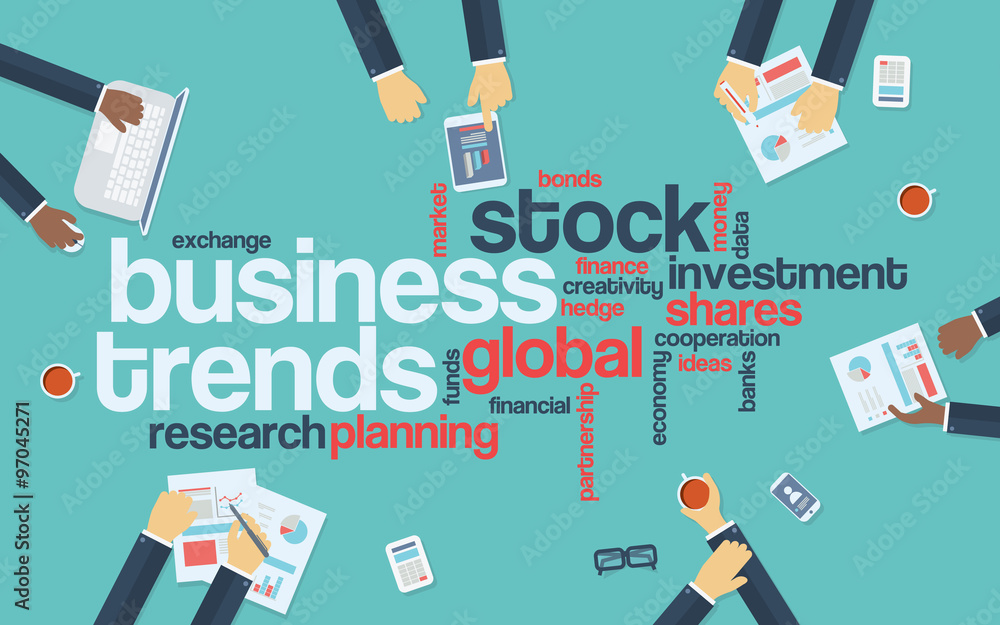 Business trends flat design infographics with word cloud. Global data analysis and research presentation