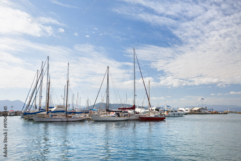 View of sail boats  in the harbour of Aegina island, Greece