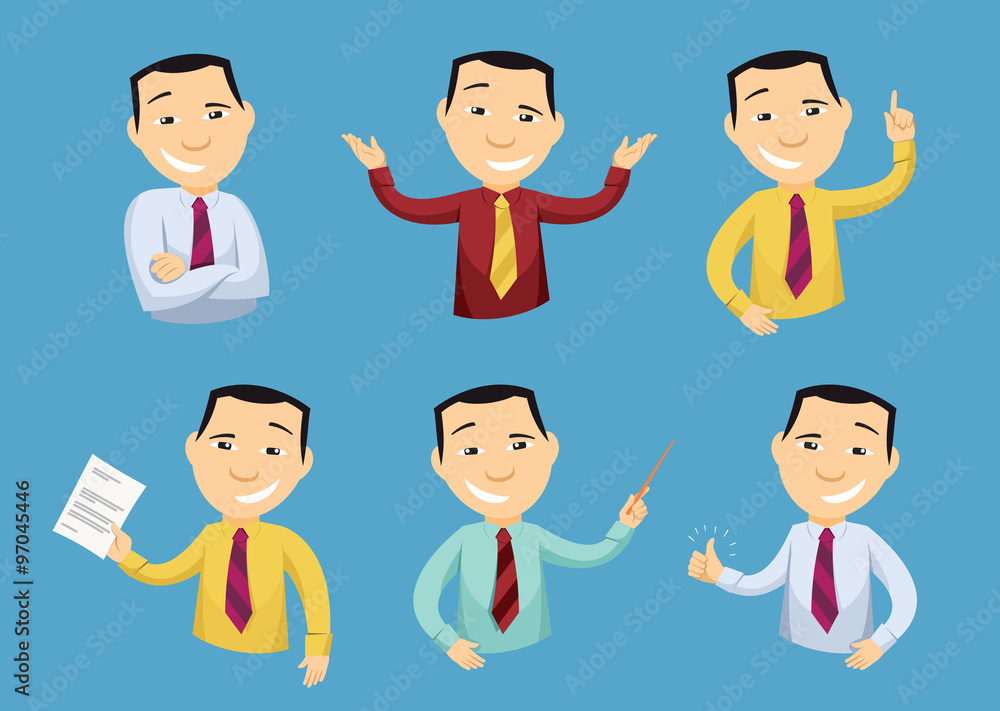 Set of funny caricatures businessman in various poses. Collection of various gestures. Manager. Approval document. Creativity. Staff training. Cartoon simple vector illustration. Set of funny caricatures businessman in various poses. Collection of various gestures. Manager. Approval document. Creativity. Staff training. Cartoon simple vector illustration.