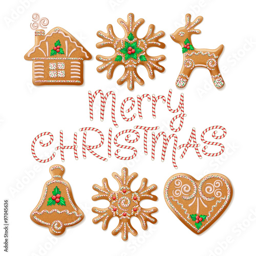 Ornate realistic  set traditional Christmas gingerbread. Vector illustration