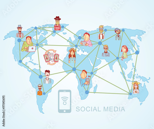 World Map,Social Media Communication Internet Network Doodle, Vector Illustration.