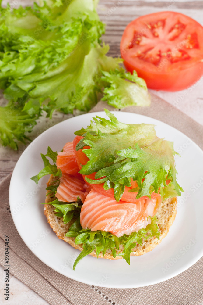 sandwich with cheese, tomato and salmon, close-up sandwich with cheese, tomato and salmon, close-up