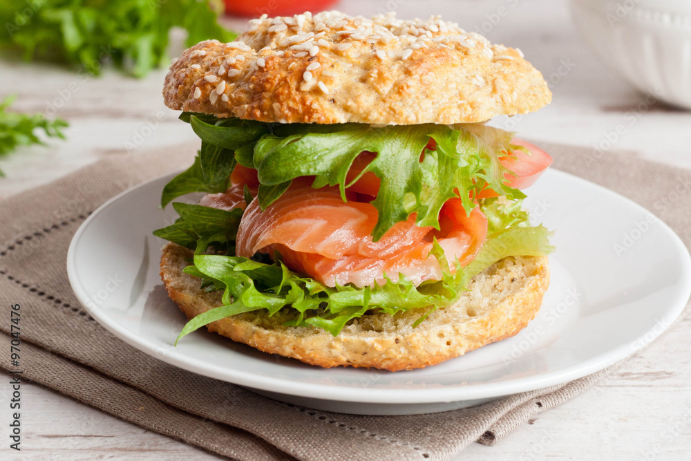 breakfast - burger with smoked salmon, vegetables breakfast - burger with smoked salmon, vegetables