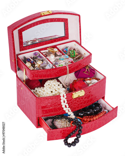 Open red box with jewelry photo