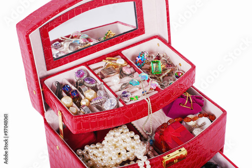 Imitation jewelry in red box closeup photo