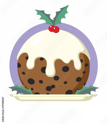 Traditional Christmas Pudding with Holly on Plate Cartoon