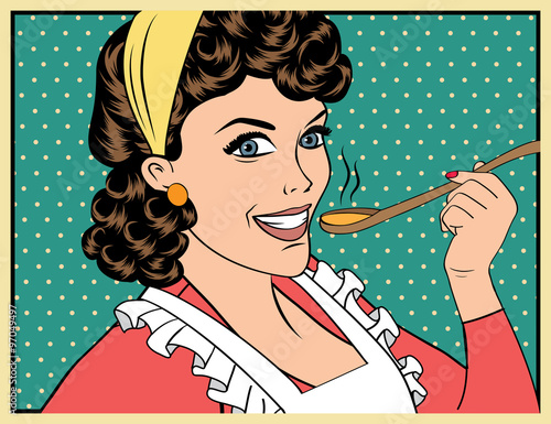 pop art retro woman with apron tasting her food