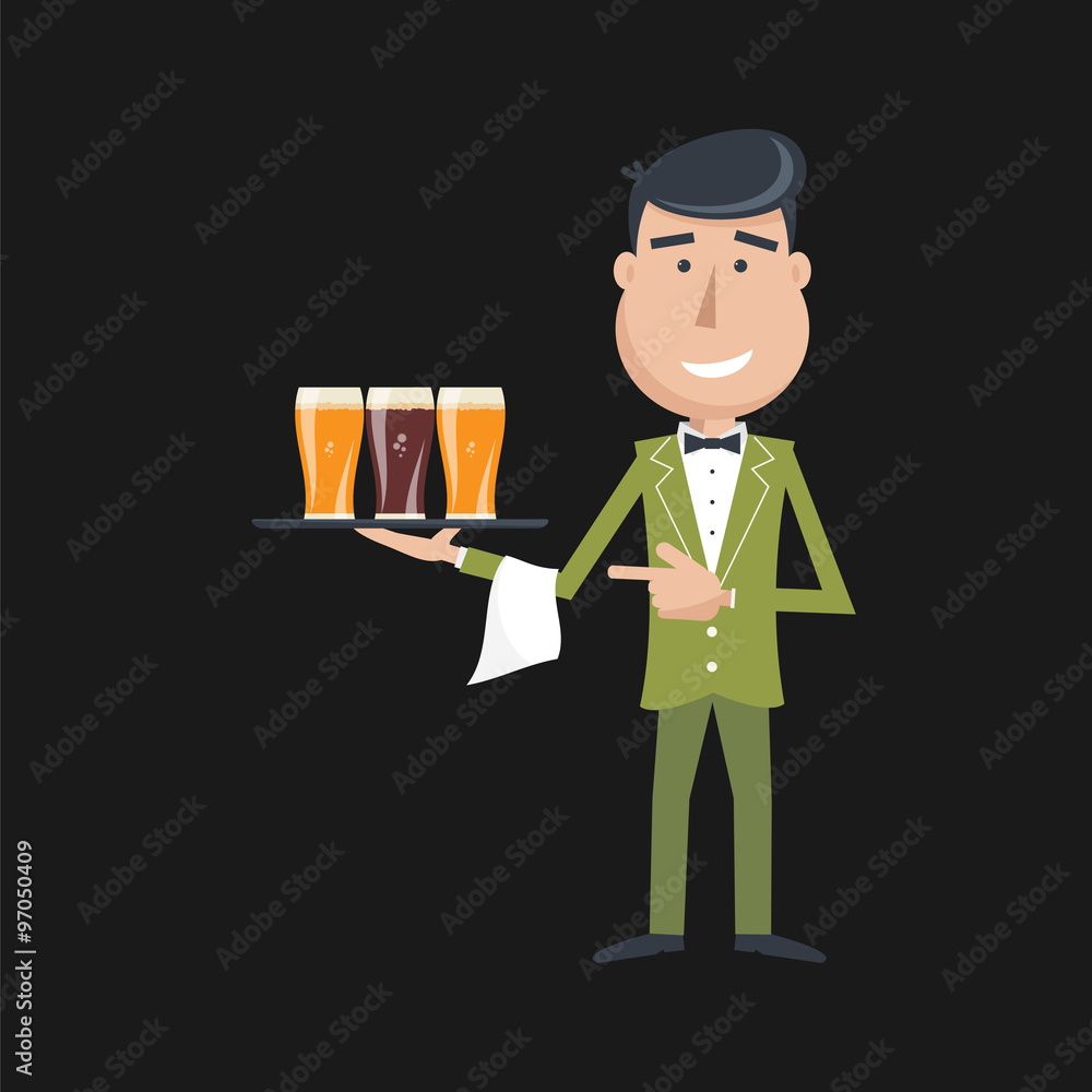 Waiter with three glasses of beer and tray on outstretched arm. Invitation to have a beer. Foods Service . Simple flat vector.EPS 10. Waiter with three glasses of beer and tray on outstretched arm. Invitation to have a beer. Foods Service . Simple flat vector.EPS 10.