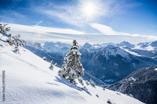 Sun on the ski slopes in French Alps