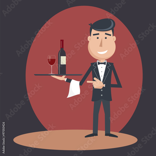 Waiter with wine bottle and wine glass and tray on outstretched arm. Invitation to drink wine. Alcohol Service. Simple flat vector.EPS 10.