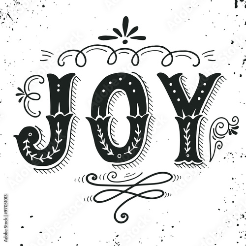 Joy. Merry Christmas retro poster with hand lettering and decora