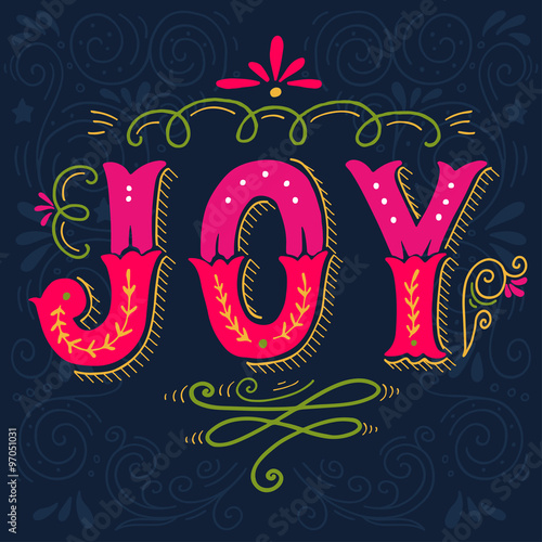 Joy. Merry Christmas retro poster with hand lettering and decora