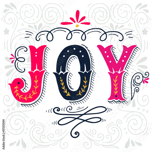 Joy. Merry Christmas retro poster with hand lettering and decora