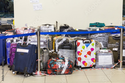 A lot of tourist`s bags in Domodedovo airport Moacow Russia photo